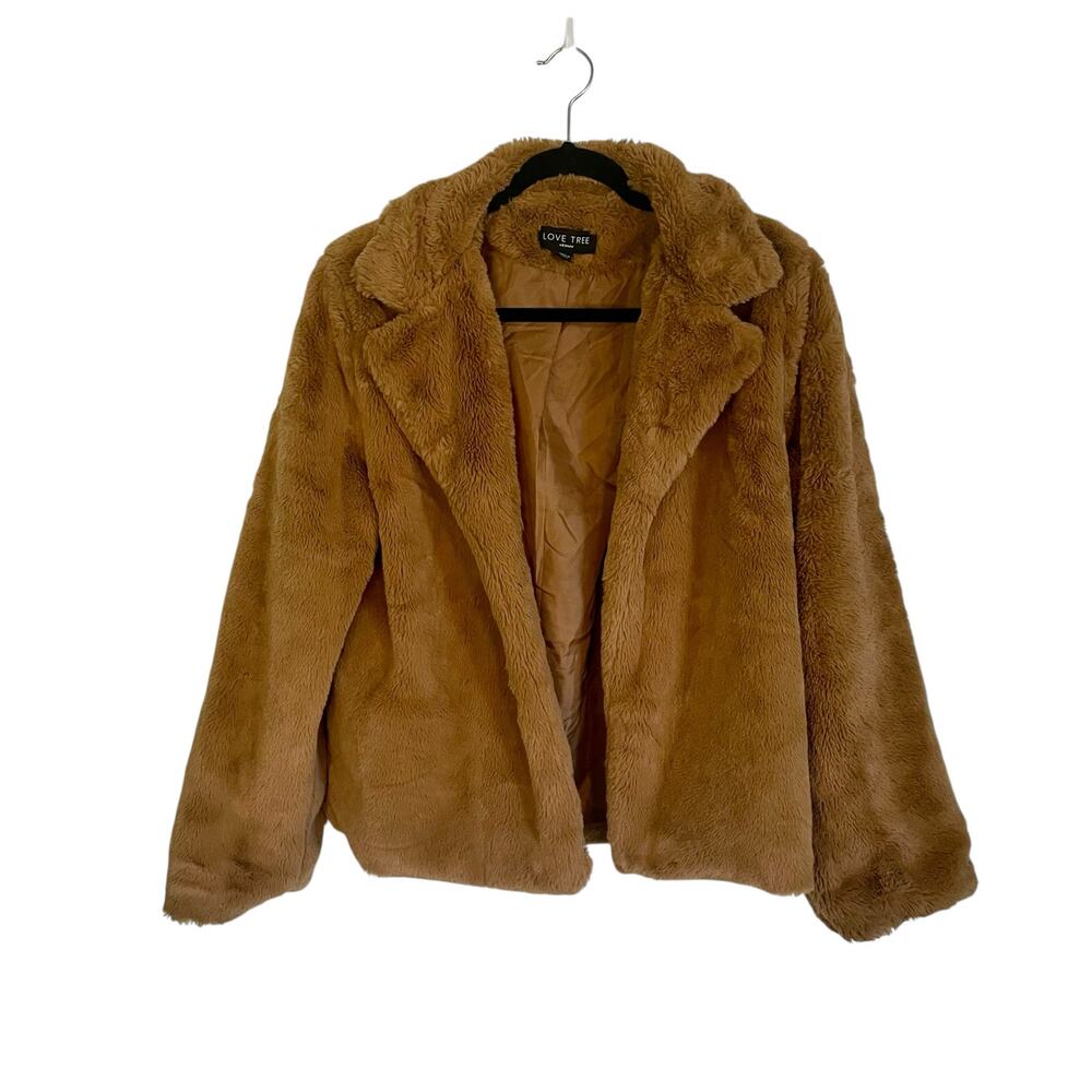 Love Tree Brown Faux Fur Women's Teddy Bear Jacket Lined Pockets Size Medium